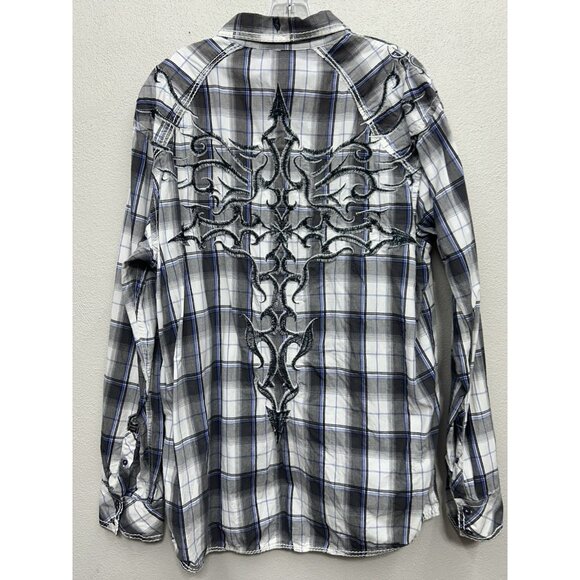 Buckle Roar Button Up Shirt Mens 2XL XXL Plaid Embroidered Long Sleeve Biker - Picture 3 of 9